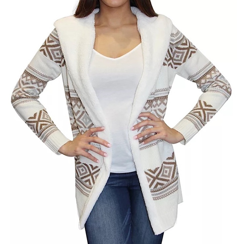 TAN PATTERNED FLEECE TRIM HOODED CARDIGAN